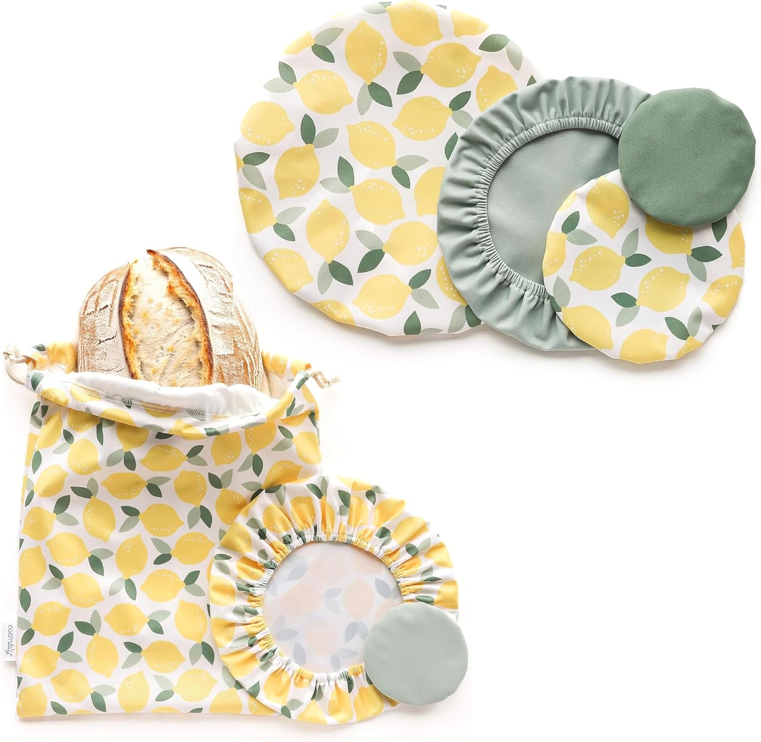 Esembly Reusable Kitchen Bundle – 3-Piece Sourdough Proofing Kit and 4 Waterproof Bowl Caps – Washable, Earth-Friendly Food Covers – Lemons/Sea Glass/Aloe