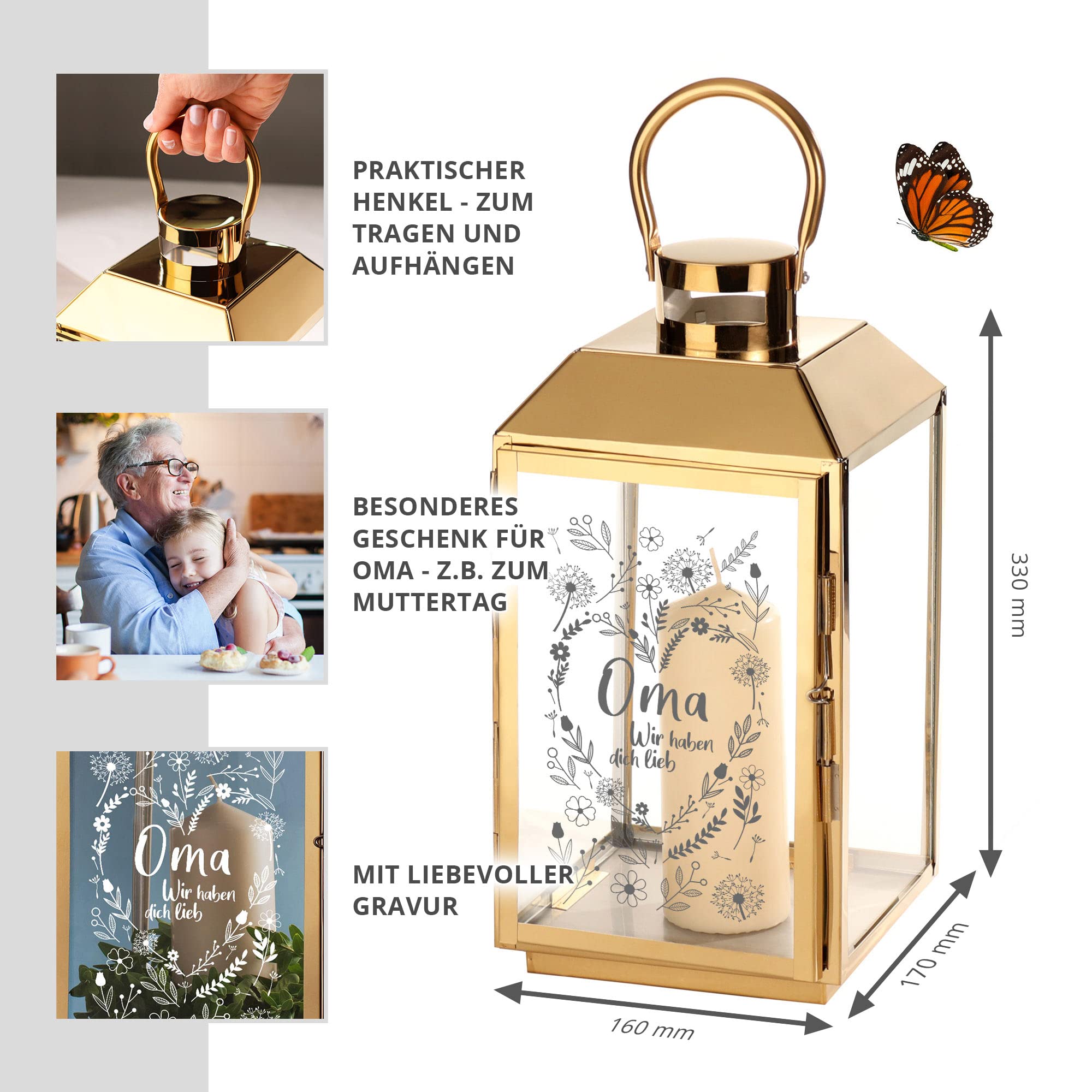 Laterne mit Gravur für Oma, Deko Kerzen Windlicht, Geschenk für Oma, Outdoor Garten Dekoration, Gravierte Edelstahl Laterne, Vintage Terrassen Beleuchtung, Wetterfeste Gold Gartenlaterne