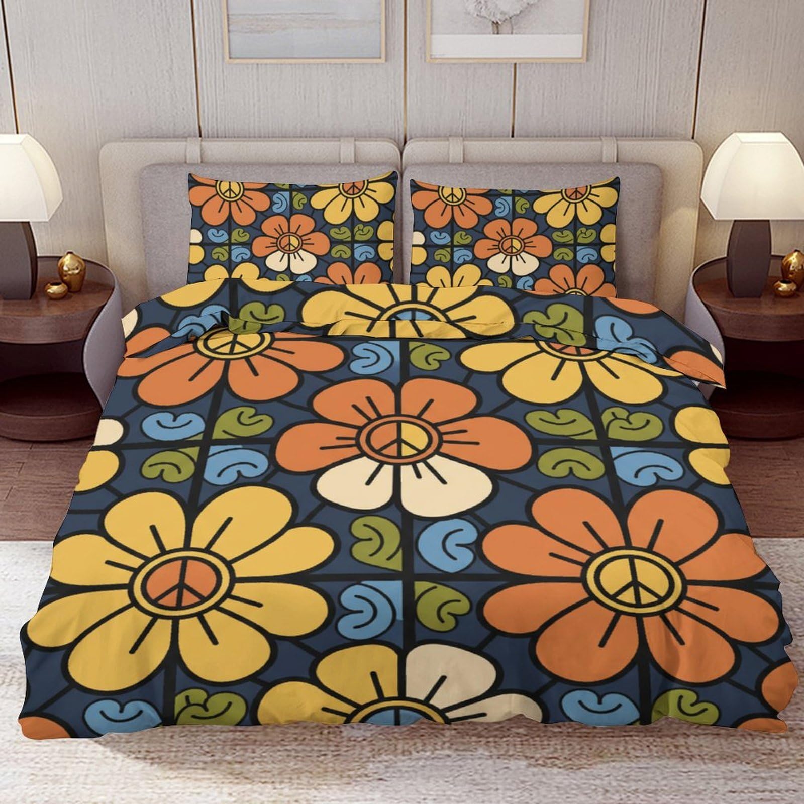 Delerain Comforter Cover Set Full Size, Retro 70s Hippie Peace Sign 3-Piece Bedding Set for Boys Girls Teens Modern Soft Microfiber Bedroom Set Room Decor, 1 Duvet Cover + 2 Pillowcases