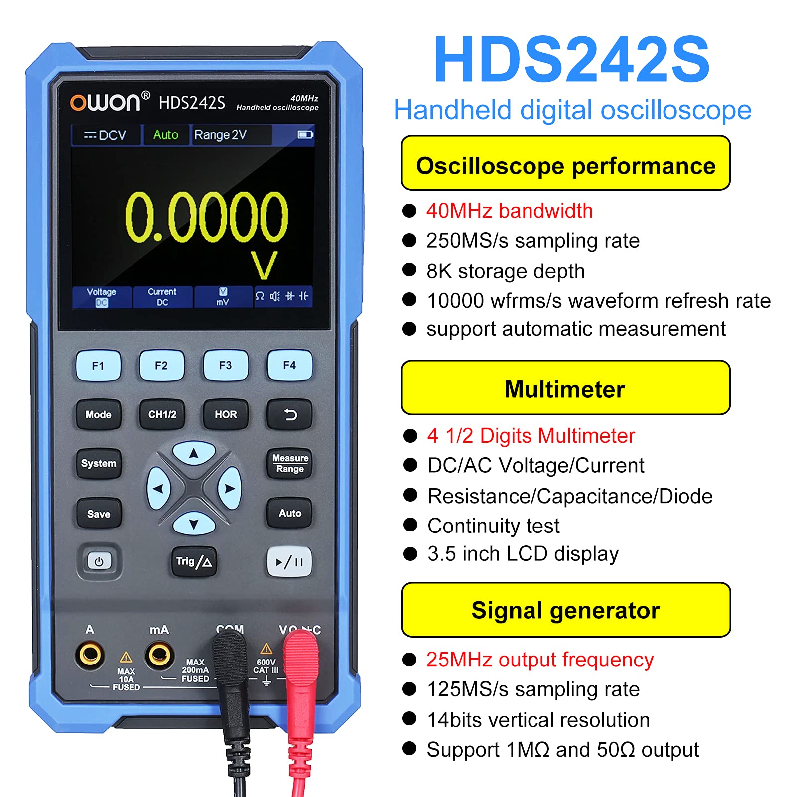 HDS242S Oscilloscope numérique portable avec fonction générateur Wareform 40 MHz 3 en 1 2 canaux Multimètre numérique True RMS