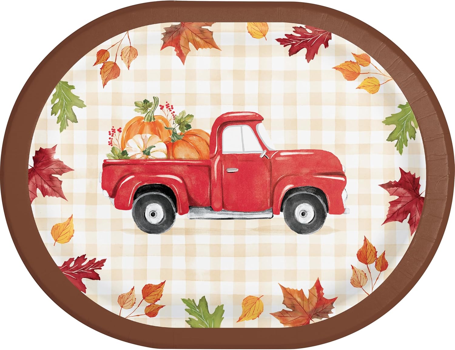 Trendware Hello Harvest Red Truck & Pumpkins Oval Dinner Paper Plates, 24 Count, Decorative 12" x 9.25" Heavy Duty Dinner Plates for Thanksgving Dinner Hello Harvest 12" x 9.25"