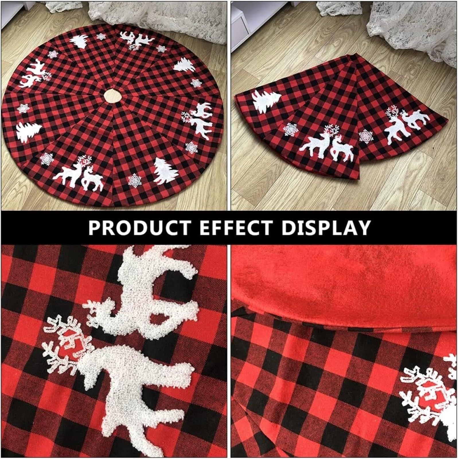 Tappeto Albero di Natale, Gonna Rotonda per Albero di Natale, Renna, Ricamo, Decorazioni Festive per La Casa Festa Forniture(122X122cm)