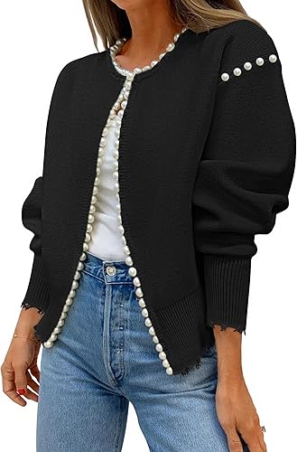 Kedera Women's Pearl Trim Ripped Hem Cardigan Sweater Fall Lightweight Cardigan 