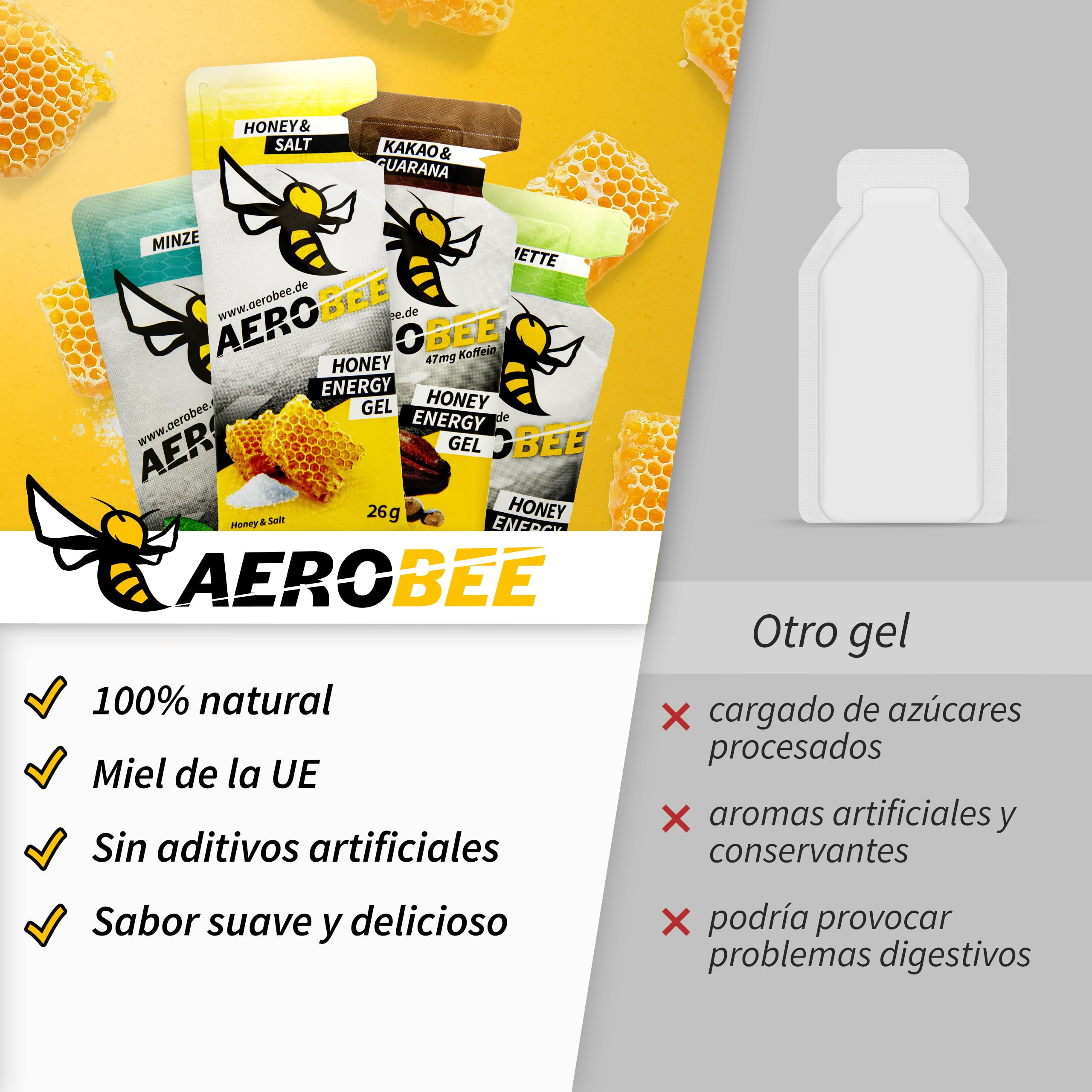 AEROBEE Energy Gel Classic - Sabor a Miel y Sal 10x26g [Energético 100% natural de miel] Gel deportivo para ciclismo, running, maratón, y deportes de resistencia. Suplementos deportivos