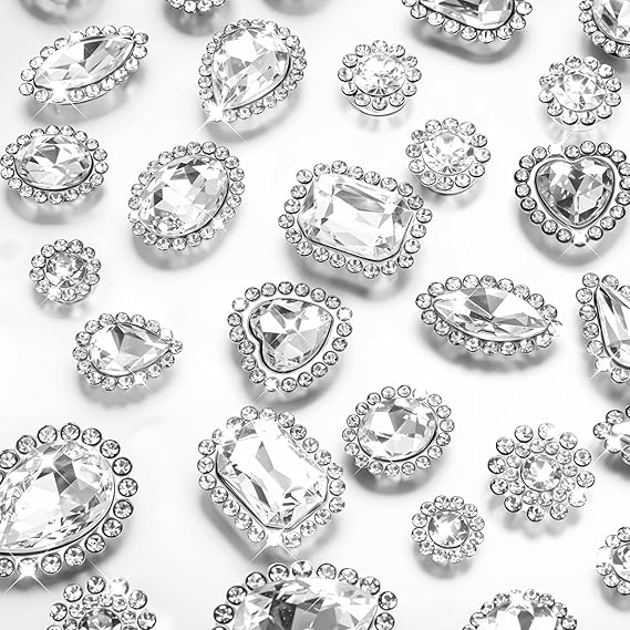 50 PCS Sew on Rhinestones, Mixed Shapes Crystals Glass Sew on Gems for Crafts, Mental Flatback Claw Gemstones, Sewing Rhinestones Embellishments for Jewelry Clothes Shoes Costume (Silver)