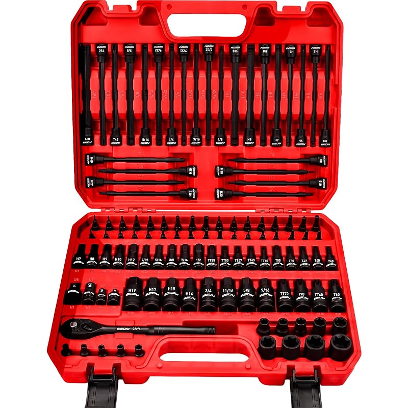 Jogo de Soquetes com Bits Torx e Allen SEDY, 112 Peças, Encaixes de 6,35 mm, 9,5 mm e 12,7 mm, Catraca de Liberação Rápida, Adaptadores, S2 Steel