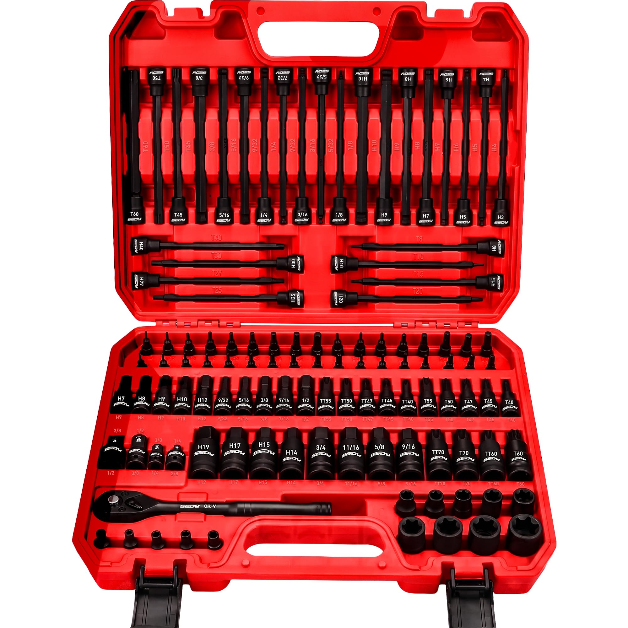 Photo 1 of 112-Piece Torx and Allen Bit Socket Set, 1/4", 3/8",1/2" Drive Bit Socket Set with Quick-Release Ratchet Wrench, Adapters, Extra long torx/Tamper proof torx/Hex/Ball End Hex/E-Trox,SAE/Metric,S2 Steel