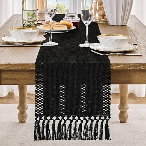 Miniatura 2 de ZeeMart Camino de mesa bohemio estilo macramé, caminos de mesa negros de 108 pulgadas de largo, decoración del hogar tejido de granja, 12 x 108