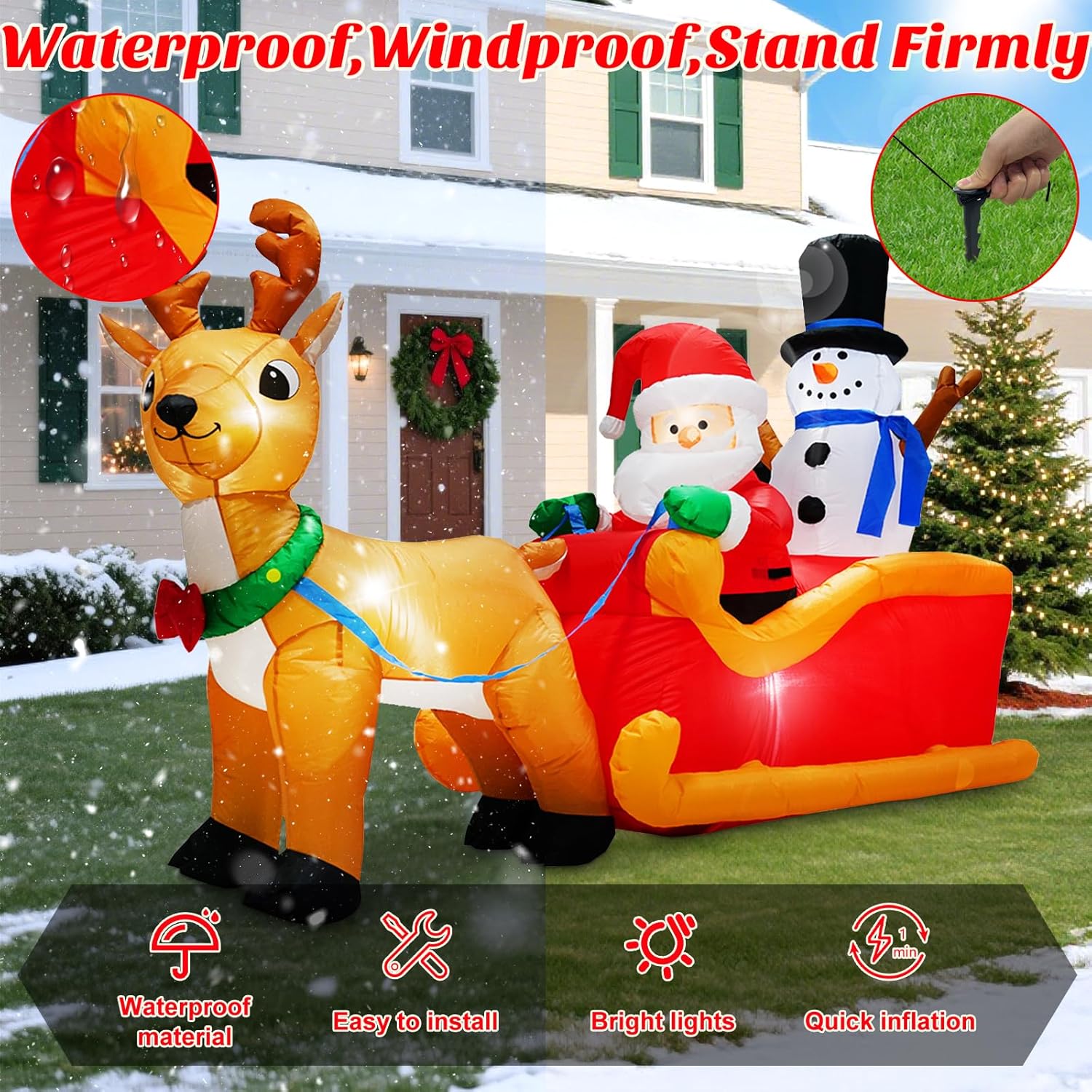 MICOCAH 6.6FT Long Christmas Inflatables Santa Claus on Sleigh with Snowman & Reindeer Outdoor Decorations, Giant Xmas Blow Up Yard Decor Build in LEDs & Tethers Stakes for Holiday Indoor Patio Lawn