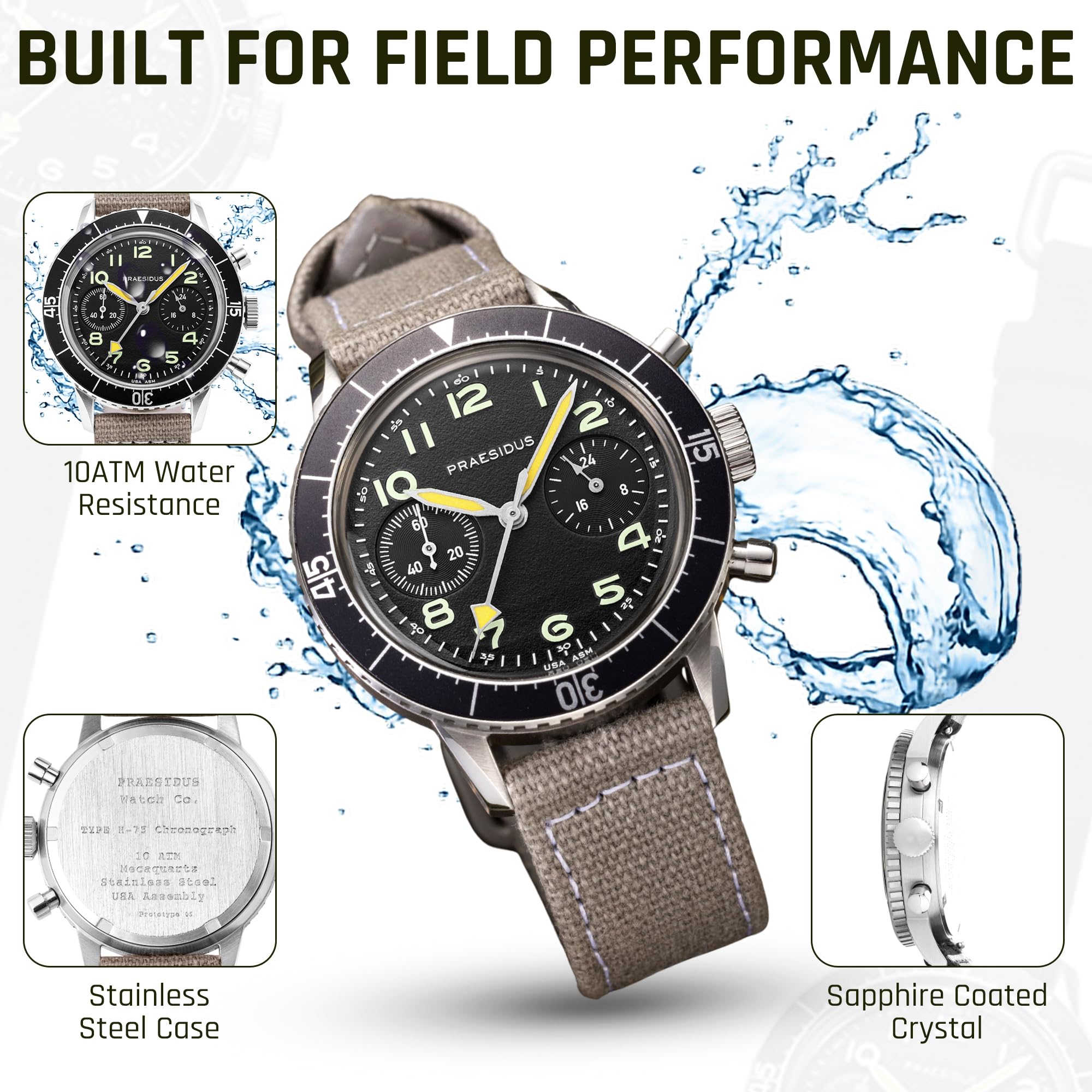 PRAESIDUS | 𝗧𝘆𝗽𝗲 𝗛-𝟳𝟱 - Zegarki dla mężczyzn, Męskie zegarki na rękę - Pilot, Wojskowy - 38mm Case | Zmontowany w USA, 2 wojna światowa, Prezent