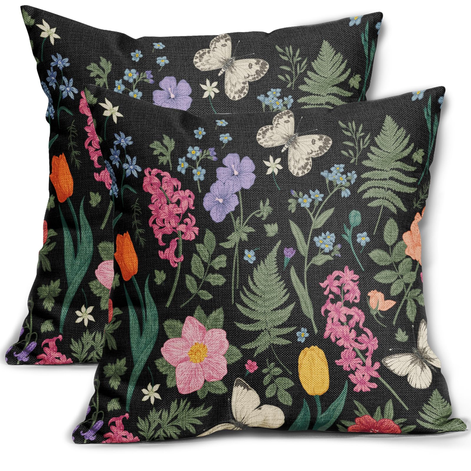 sorfbliss Spring Summer Botanical Print Pillow Covers 18x18 Set of 2 Vintage Black Purple Pink Green Floral Butterfly Plant Decorative Throw Pillow Cases Outdoor Farmhouse Decor for Sofa Couch Bed