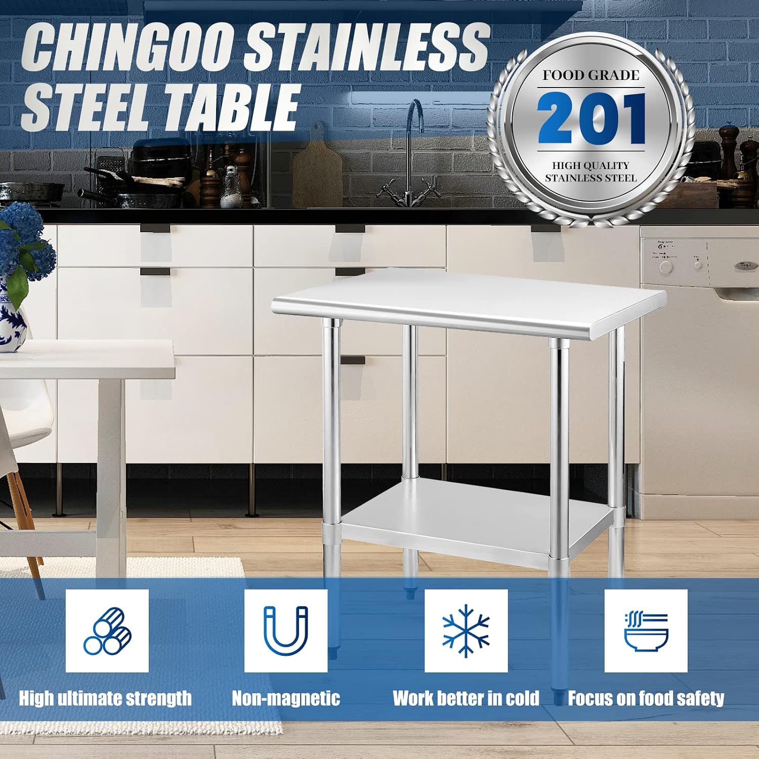 Chingoo Stainless Steel Table 24 x 30 Inches Metal Prep Table with Adjustable Undershelf, Stainless Table for Commercial Kitchen, Outdoor, Restaurant, Hotel & Garage