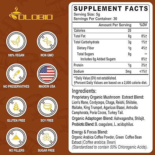 Miniatura 2 de Café de hongos, 11 hongos orgánicos más adaptógenos y probióticos, con melena de león, chaga, reishi, complejo Cordyceps, café instantáneo para