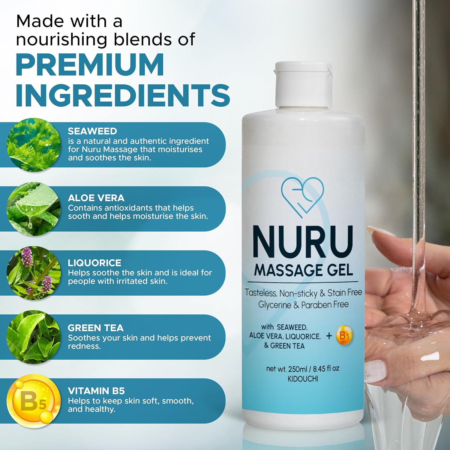 Nuru Massage Gel (8.45 fl oz) | Water-Based | Paraben & Glycerine Free | Formulated with Natural Seaweed, Green Tea, Liquorice Extract, Vitamin B5, & Organic Aloe Vera - Image 4