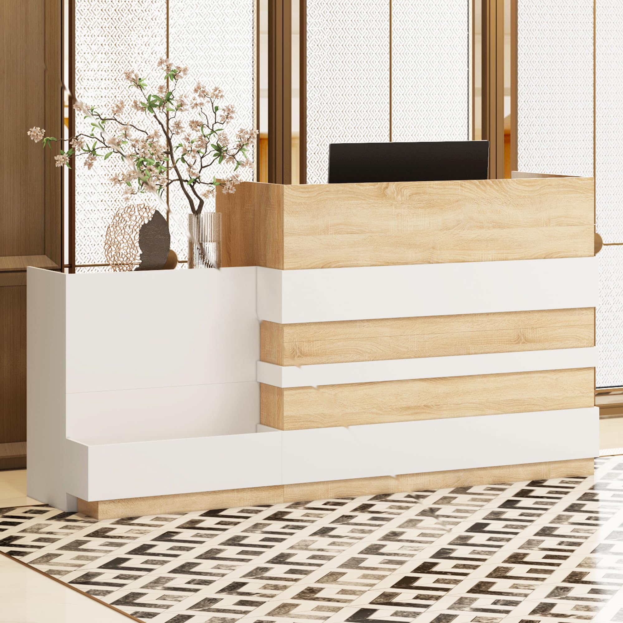 ECACAD Oak & White Reception Desk with Keyboard Tray, Retail Counter with Cabinet, Checkout Counter Table for Office Clinic Retail Lobby Salon