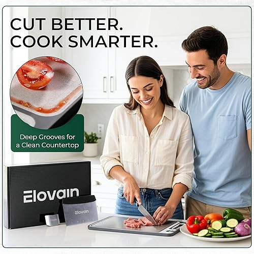Miniatura 6 de Elovain - Juego de tabla de cortar de cocina de 3 piezas de acero inoxidable - Tabla de cortar de acero inoxidable de doble cara con afilador,