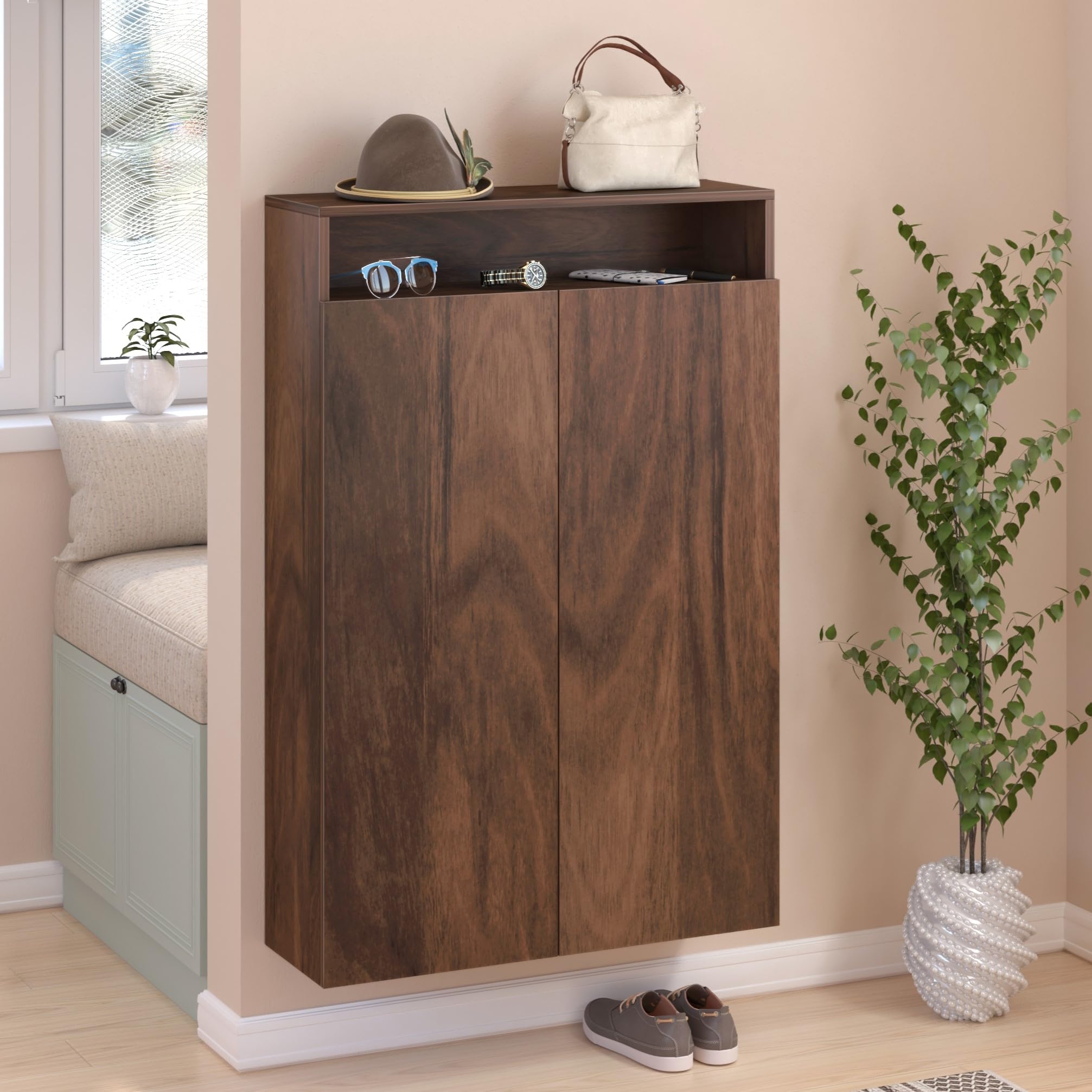 BLUEWUD Whartin Engineered Wood 2 Doors Wall Mounted Shoe Rack Cabinet Slipper Footwear Stand Organizer can Store Up to 16 Pairs for Living Room Home (Brown Maple)-image-17
