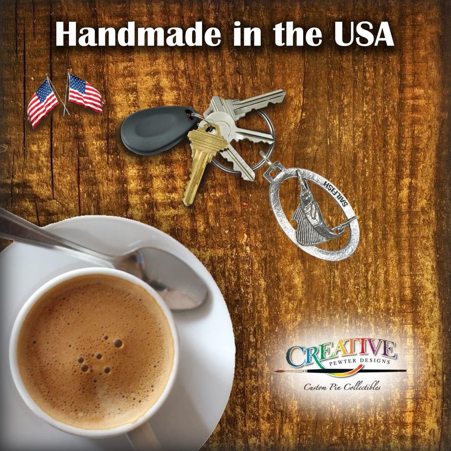Sailfish Keychain, Pewter, S004KC, 2”, 100% Handmade in the USA, Atlantic Sailfish, billfish, Pacific sailfish, Sail fish Keychain, Key Chain, Fishing Gift, 200 Fish Designs Available. image 3