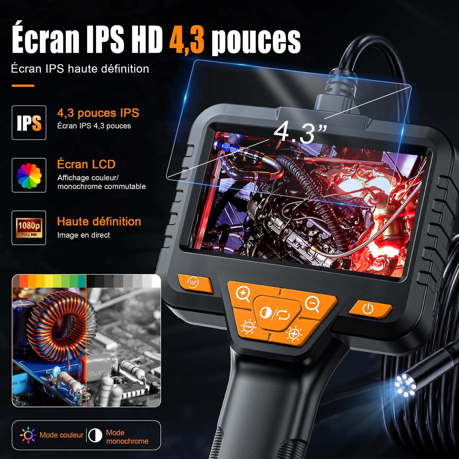 SKYBASIC Caméra Endoscopique,avec Écran IPS 4,3 Pouces, Caméra d'inspection des égouts et des canalisations, caméra étanche IP67 en Forme de Serpent, avec 8 LED Réglables, Câble Semi-Rigide de 10M