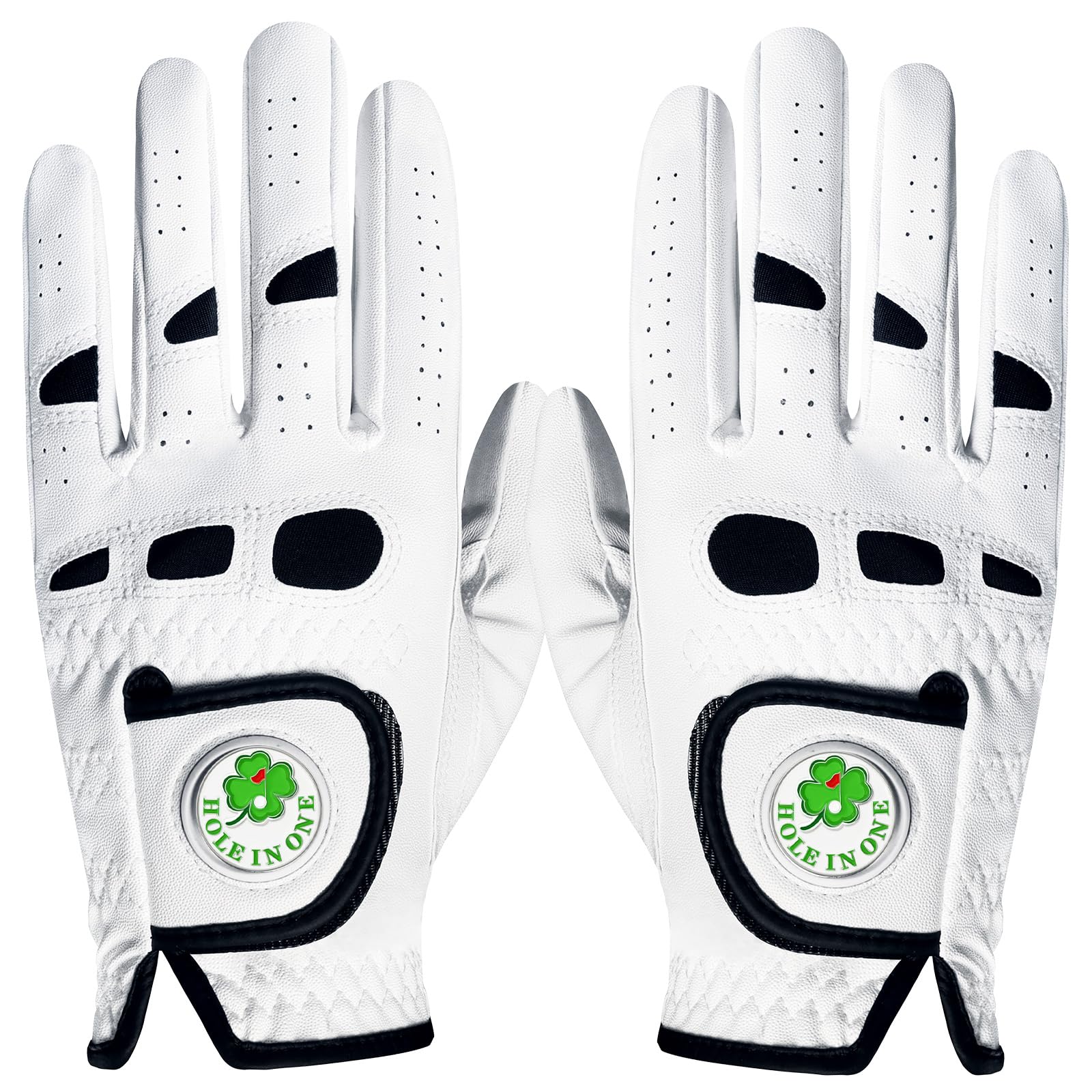 VEASAERS Guantes de golf de cuero para hombre, 1 par con 2 marcadores de bola, 10 camisetas de plástico de golf, guantes de golf para hombre, agarre suave y cómodo para golfistas zurdos y diestros