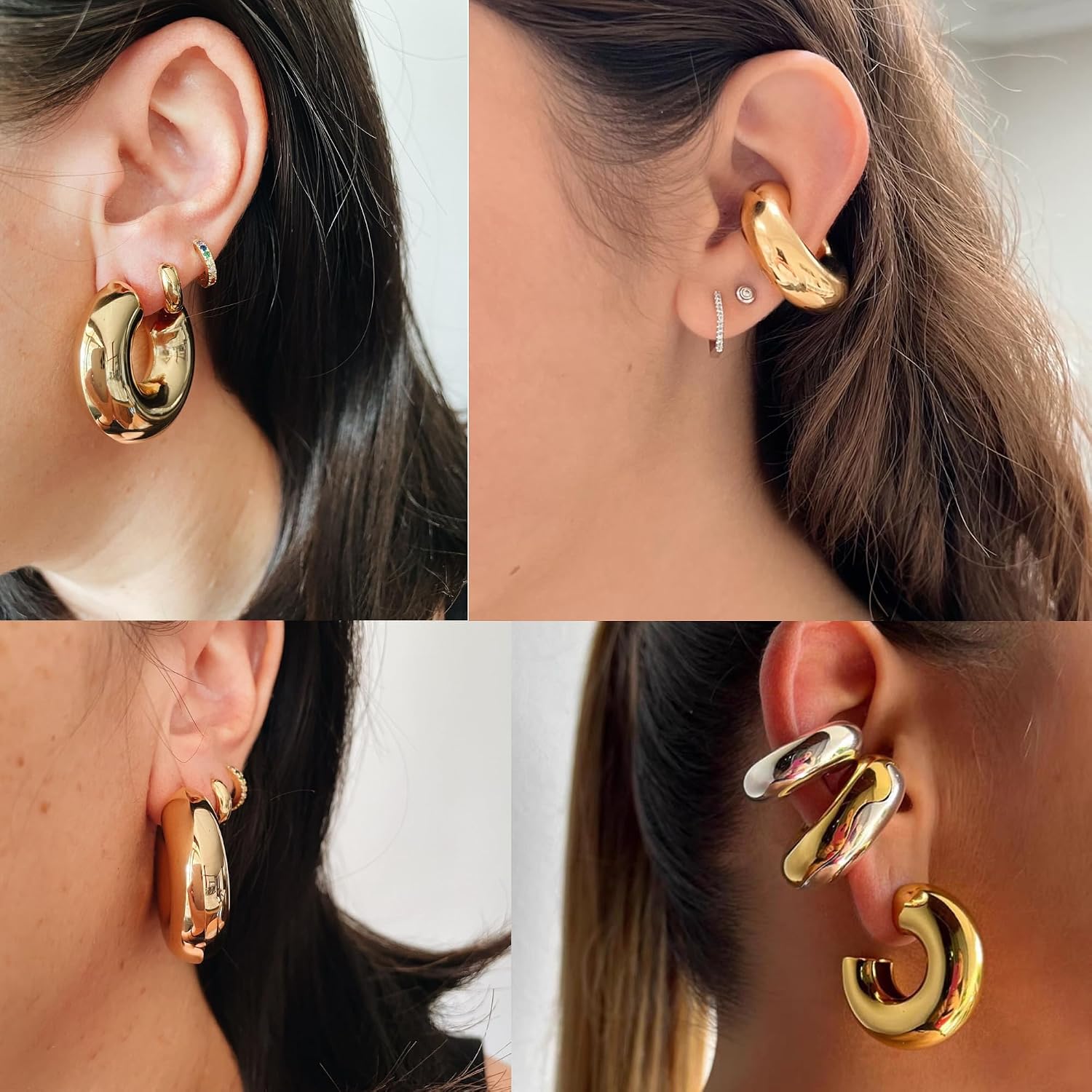 Chunky Gold Hoop Earrings and Ear Cuffs for Women Non Piercing, Hypoallergenic 18K Gold Plated Stainless Steel Thick Earrings Lightweight for Women Trendy Jewelry Gifts