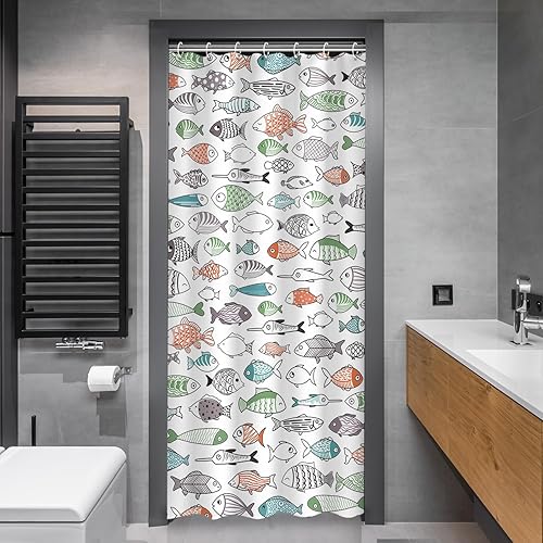 RosieLily Cortina de ducha de peces coloridos, juego de cortinas de ducha para niños con 10 ganchos, cortina de ducha impermeable para baño, 36 x 72
