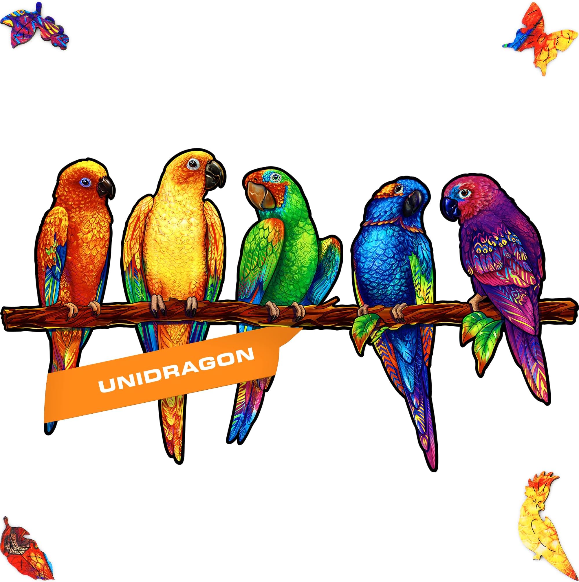 UNIDRAGON Original Wooden Jigsaw Puzzle - Playful Parrots, 193 pcs, Medium 17.3"x9.8", Unique Animal Shaped Puzzle Box, Birthday Gift Idea for Kids, Adults, Girls, Boys, Family Game and Hobby