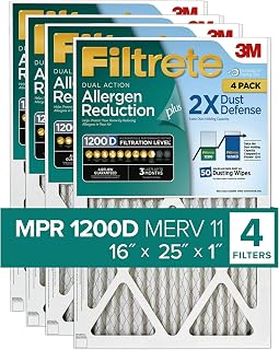 Filtrete 16x25x1 Air Filter MPR 1200D MERV 11, Allergen Reduction Plus Dust, 4-Pack Filters (exact dimensions 15.69x19.69x0.81)