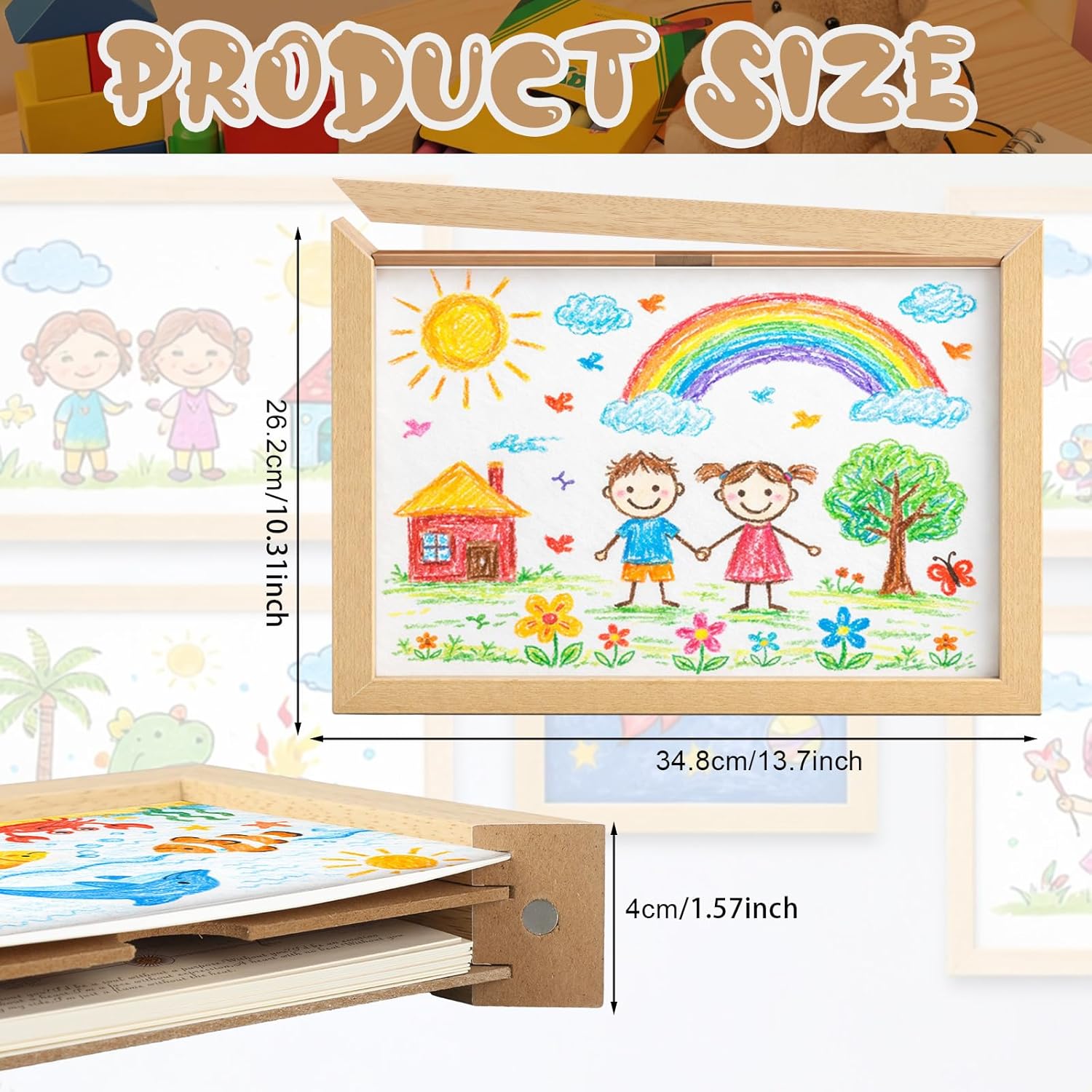 2 Pack Kids Art Frame Magnetic Kids Art Changeable Wood Color Door Holds 150 Pcs Artwork Combination Wall-mounted Photo Frame Holds for Drawings 3D Picture Craft Portfolio(8.3 x 11.7 Inches)