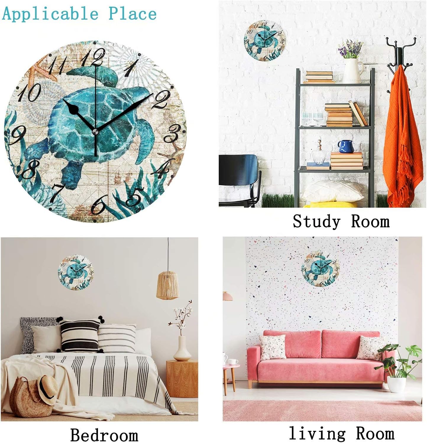 Pfrewn World Map Beach Turtle Wall Clock Silent Non Ticking Under Underwater Animal Starfish Clocks Battery Operated Vintage Desk Clock 10 Inch Quartz Analog Quiet Bedroom Living Room Home Decor