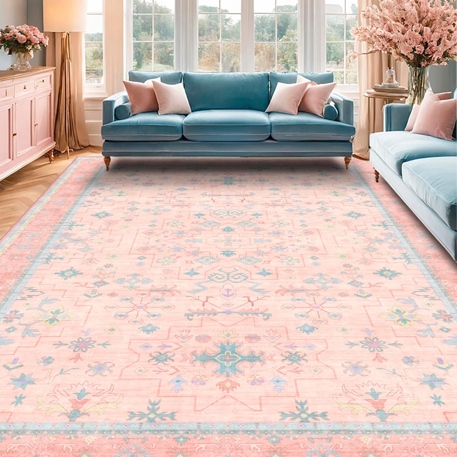 Washable Pink and Blue 6x9 Oushak Rugs for Bedroom Girls, Living Room Kids Playroom Nursery Room, Modern Floral Distressed Design, Soft Faux Wool Low Pile Non Slip Stain Resistance Carpet - Image 9