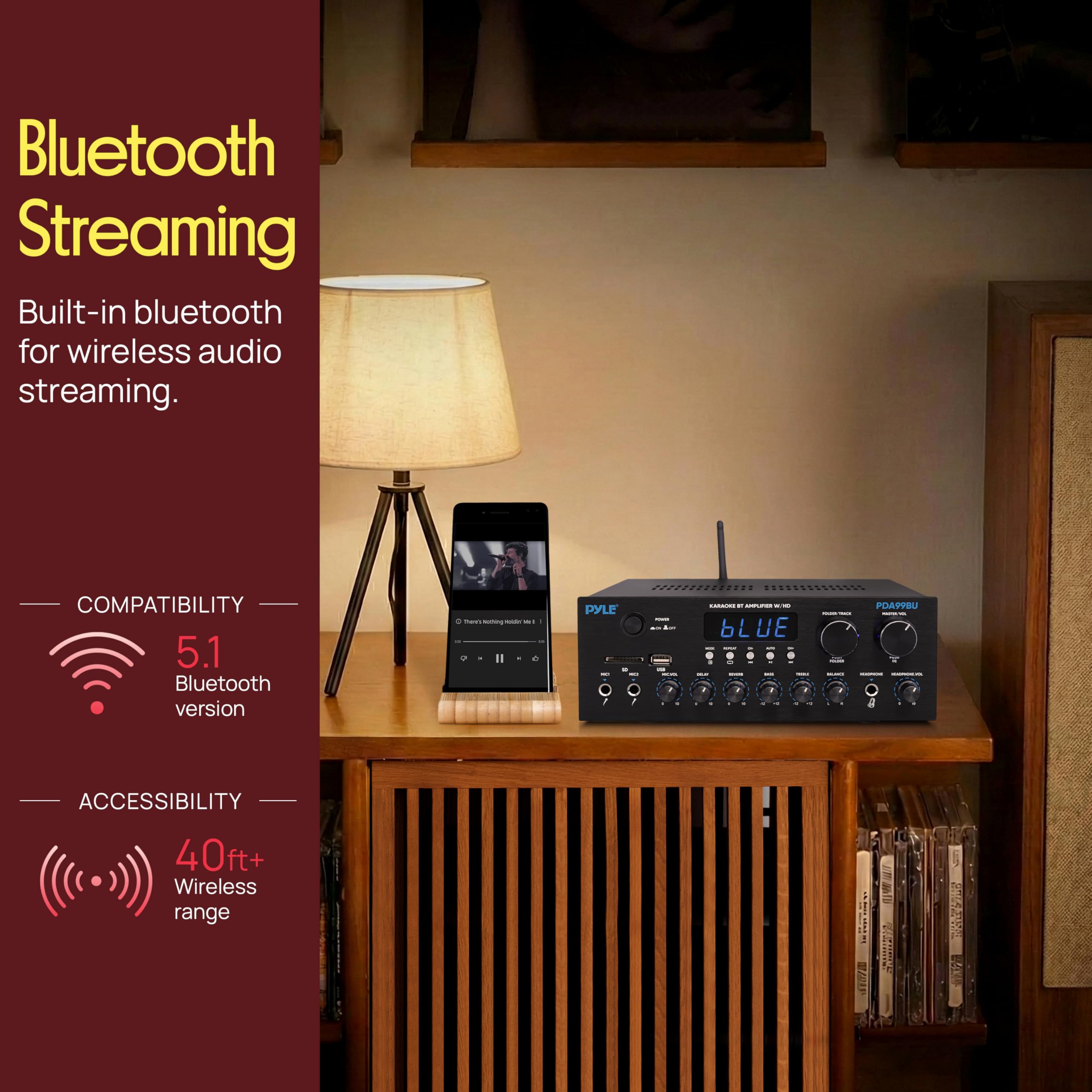 PDA99BU - Ricevitore audio stereo Bluetooth HD Home Audio 300 W, sistema audio a doppio canale, MP3, USB, SD, AUX, RCA, MIC, cuffie, FM, LED, ritardo di riverbero, per altoparlanti Home Theater,