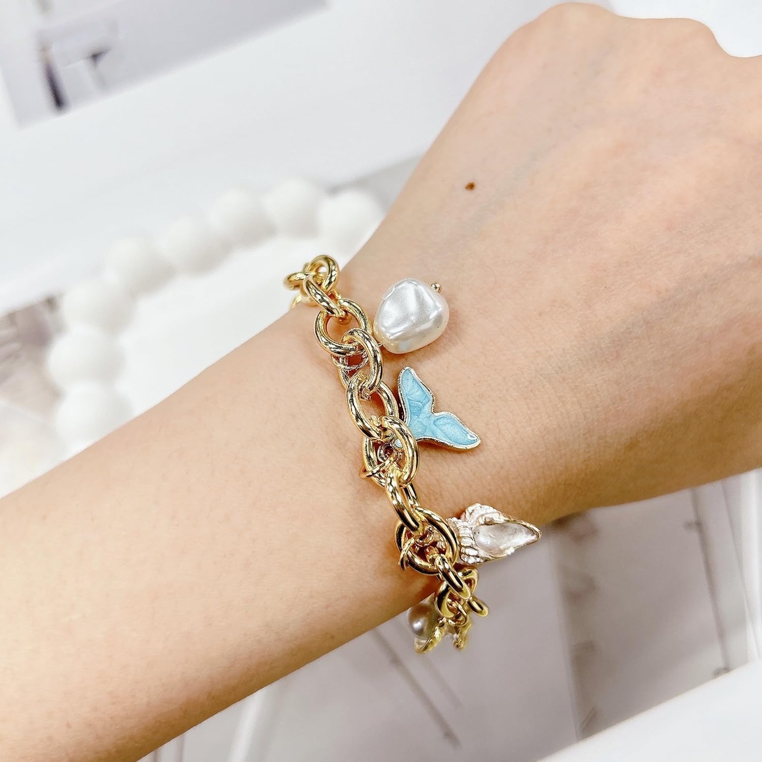 Bohemian Starfish Shell Pearl Conch Charm Bracelet for Women Gold Chunky Cuban Link Chain Boho Mermaid Rhinestone Seashell Pendant Anklet Bracelets Summer Hawaiian Ocean Beach Holiday Trendy Jewelry - Image 2