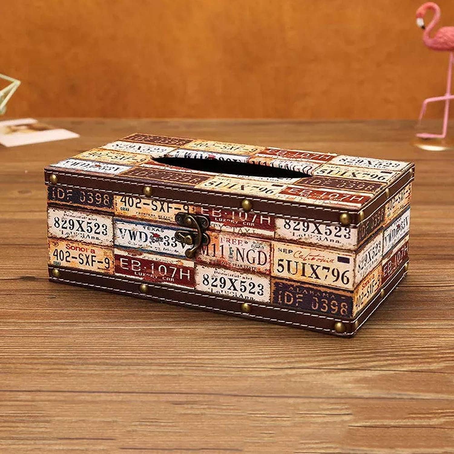 Slivy Vintage Tissue Box Holders, Leather Tissue Box Cover Retro Napkin Holder with Metal Lock, Rectangle Facial Tissue Box Tissue Dispenser, for Home Office Car Tissue Cover (Color : D)