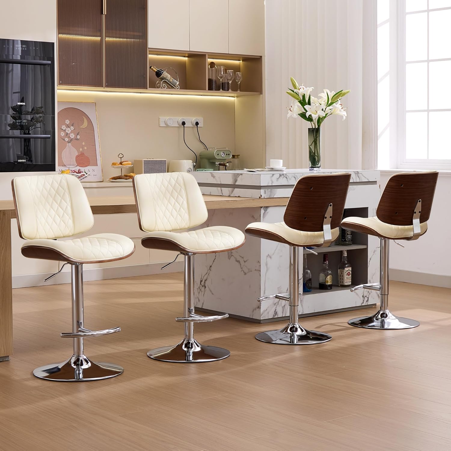 IPKIG Bar Stools, Modern Adjustable Height Counter Barstools with Swivel & Back, Chenille Bar Chairs Kitchen Island Stools with Footrest, Dark Gray