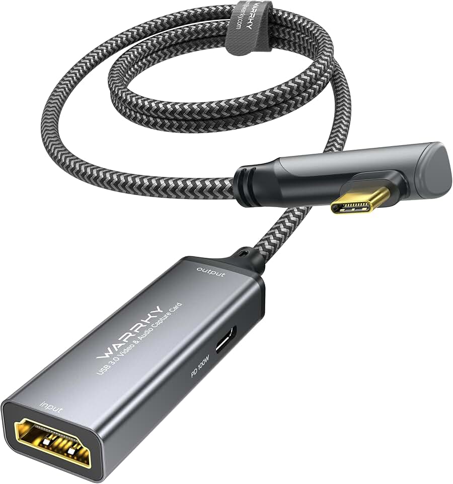 Warrky Video Capture Card with 100W Power Delivery &amp; Right-Angle USB-C | 1080P 60Hz HD | Streaming Capture Card Designed for Quest 3 / iPad, Compatible with Switch, PS5, PS4