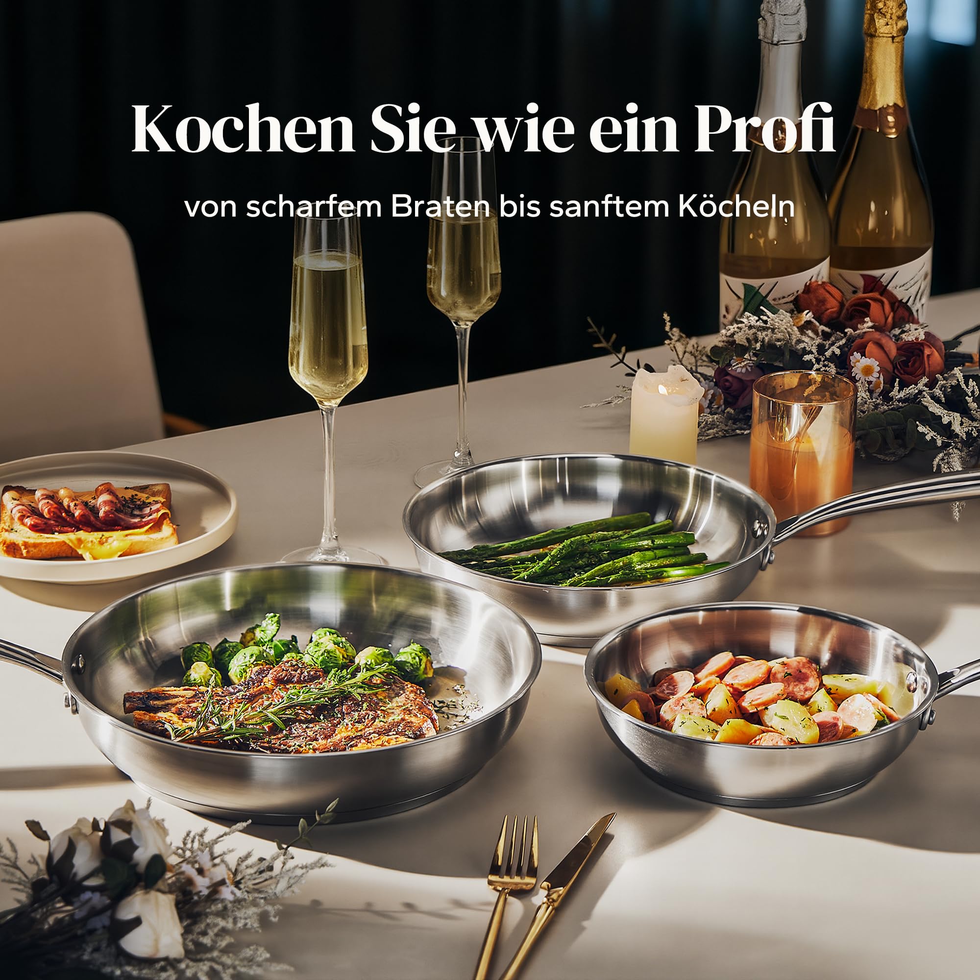 Redchef Pfannenset Induktion Set, 3-teilig edelstahlpfanne unbeschichtet Schüttrand Bratpfanne für alle Herdarten Spülmaschinenfest & backofenfest