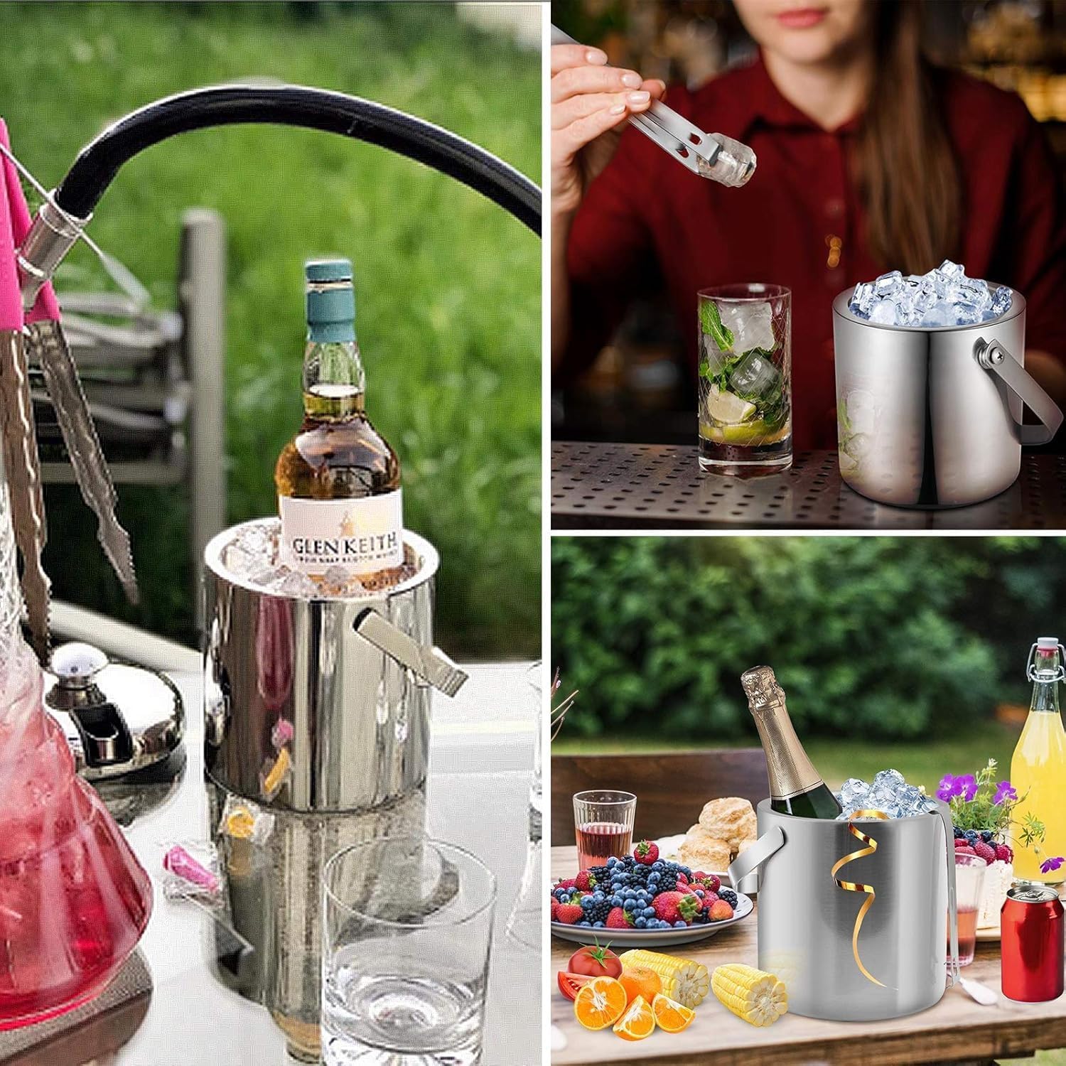 3 Liter Ice Bucket with Lid Scoop Tongs Strainer, Portbale Double Wall Stainless Steel Ice Container Freezer Drinks Cooler Insulated Ice Buckets for Cocktail Bar Camping Beer Wine Party - Image 7