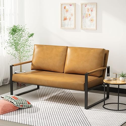 Miniatura 3 de AWQM Sofá biplaza de piel sintética, sofá biplaza moderno de mediados de siglo para espacios pequeños, sofás tapizados de piel sintética pequeños y