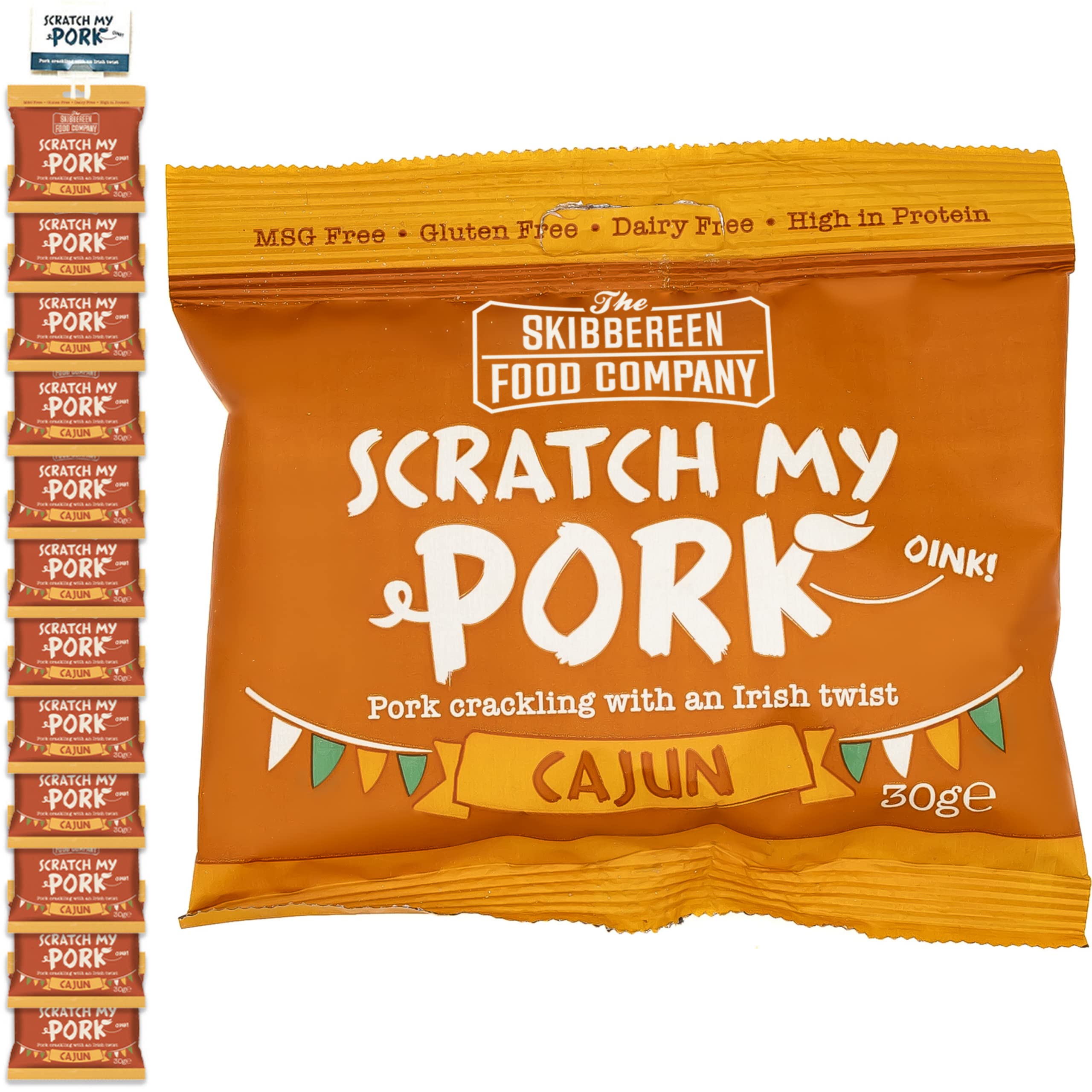 Scratch My Pork Pork Crackling - Cajun Gluten Free Scratchings - 100% Rinds - Low Carb High Protein Pub Snacks - 12 x 30g Packs by The Skibbereen Food Co.