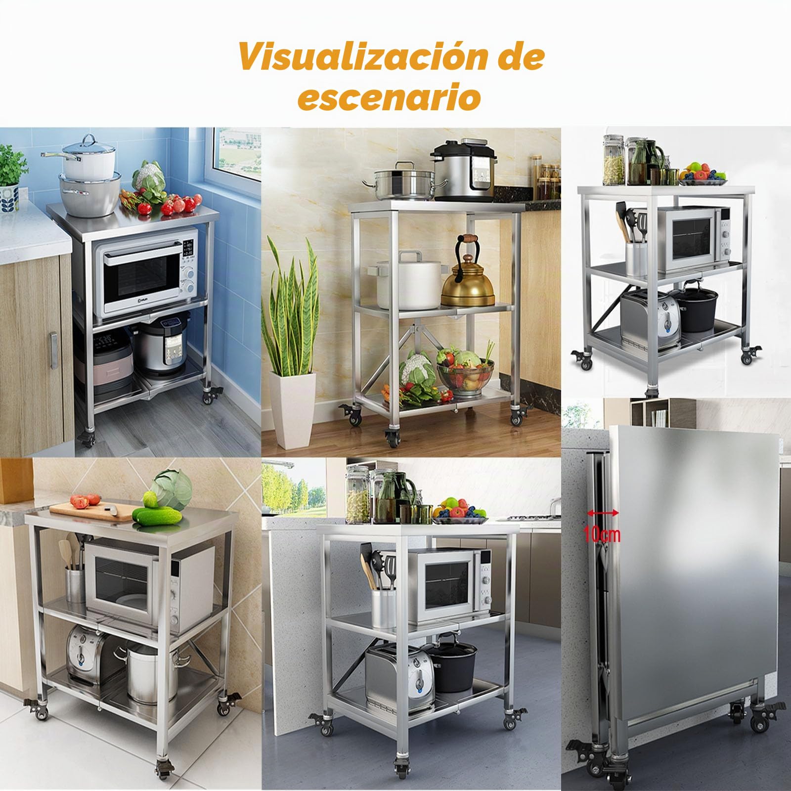 Carrito de Servicio 3 Niveles Acero Inoxidable 60X45X80CM | Plegable, Con Ruedas, Multifuncional, Para Hotel Restaurantes Escuelas