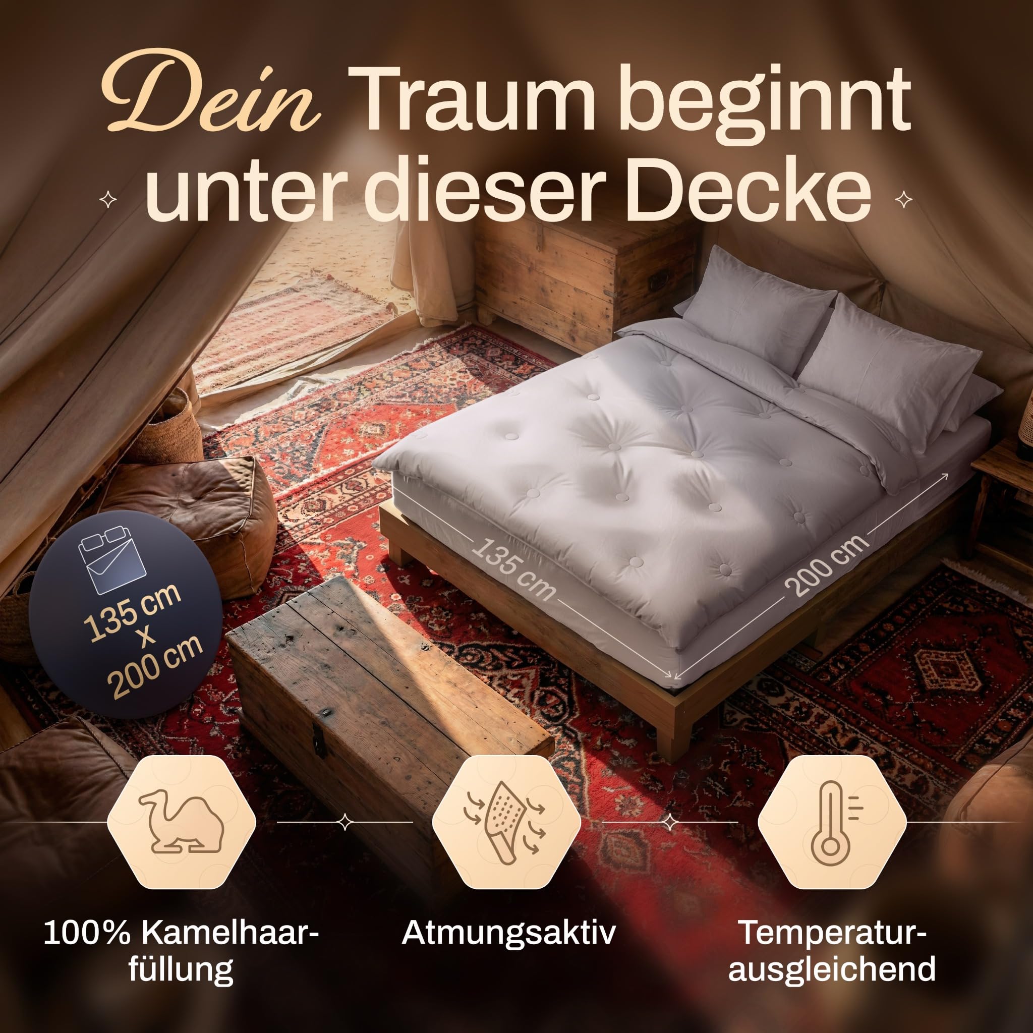 BEFA NATUR Kamelhaar Duo - Winterdecke 135x200 cm – kuschelig warm, 100% Kamelhaarfüllung, Bezug aus Baumwolle, Oeko-TEX Klasse 1, Made in Germany, allergikerfreundlich