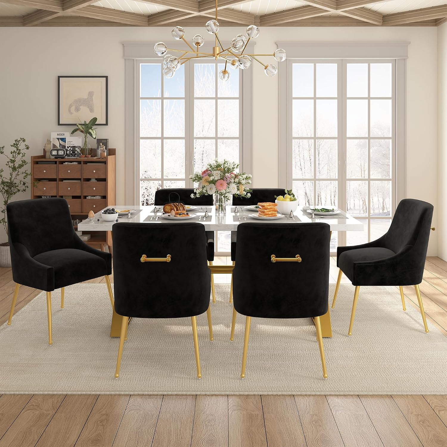 Clihome 7-Piece Dining Table Set for 6, 70'' Large Marble Kitchen Table with 6 Velvet Dining Chair, Gold Stainless Steel Base, Modern Kitchen Table Furniture for Dining Room, Black