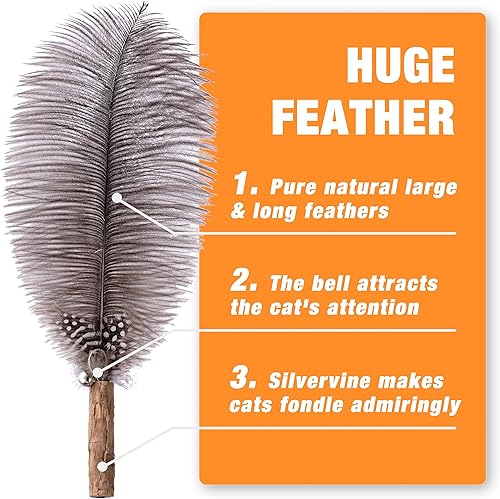 Miniatura 4 de JXFUKAL Juguete de varita para gatos, juguete extra largo de caña de pescar para gatos de 68 pulgadas, 4 recambios naturales de plumas enormes con