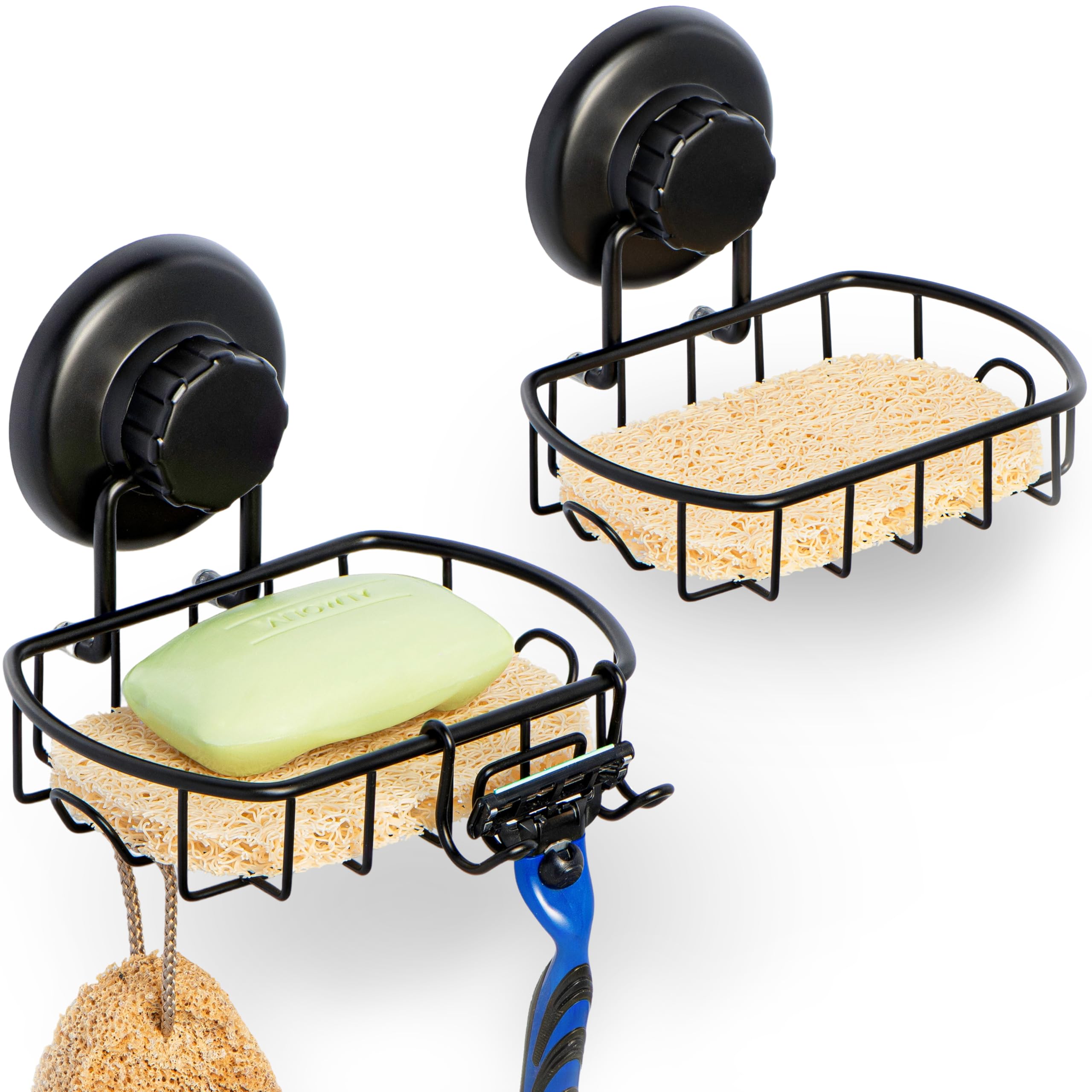 HASKO 2 Pack Suction Cup Soap Dish for Shower Wall Rustproof Stainless Steel Shower Soap Holder with Hooks