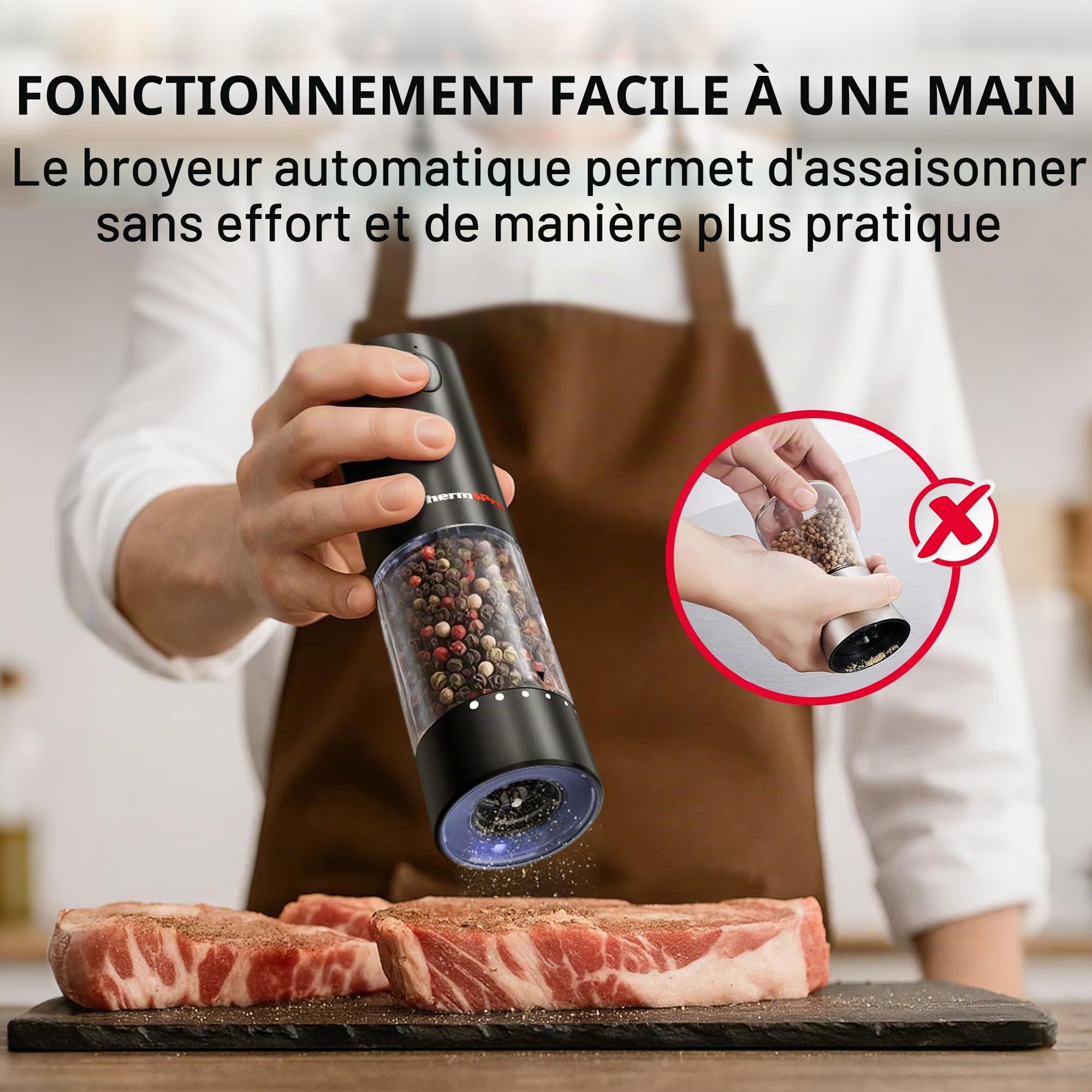 ThermoPro Ensemble de moulins à sel et à poivre électriques rechargeables 110ml avec réglage externe LED