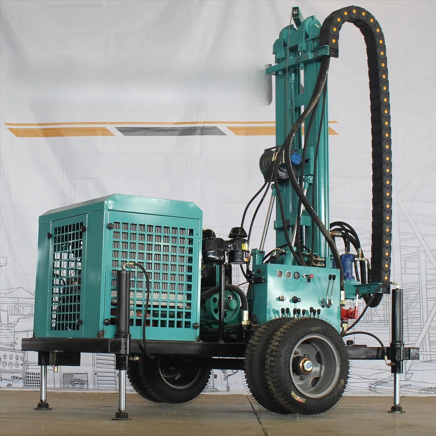 Farm Irrigation Well Drilling Machine, Portable Mobile Borehole Rig for Livestock Water Supply, Heavy Duty Hydraulic Driller with All-Terrain Wheels