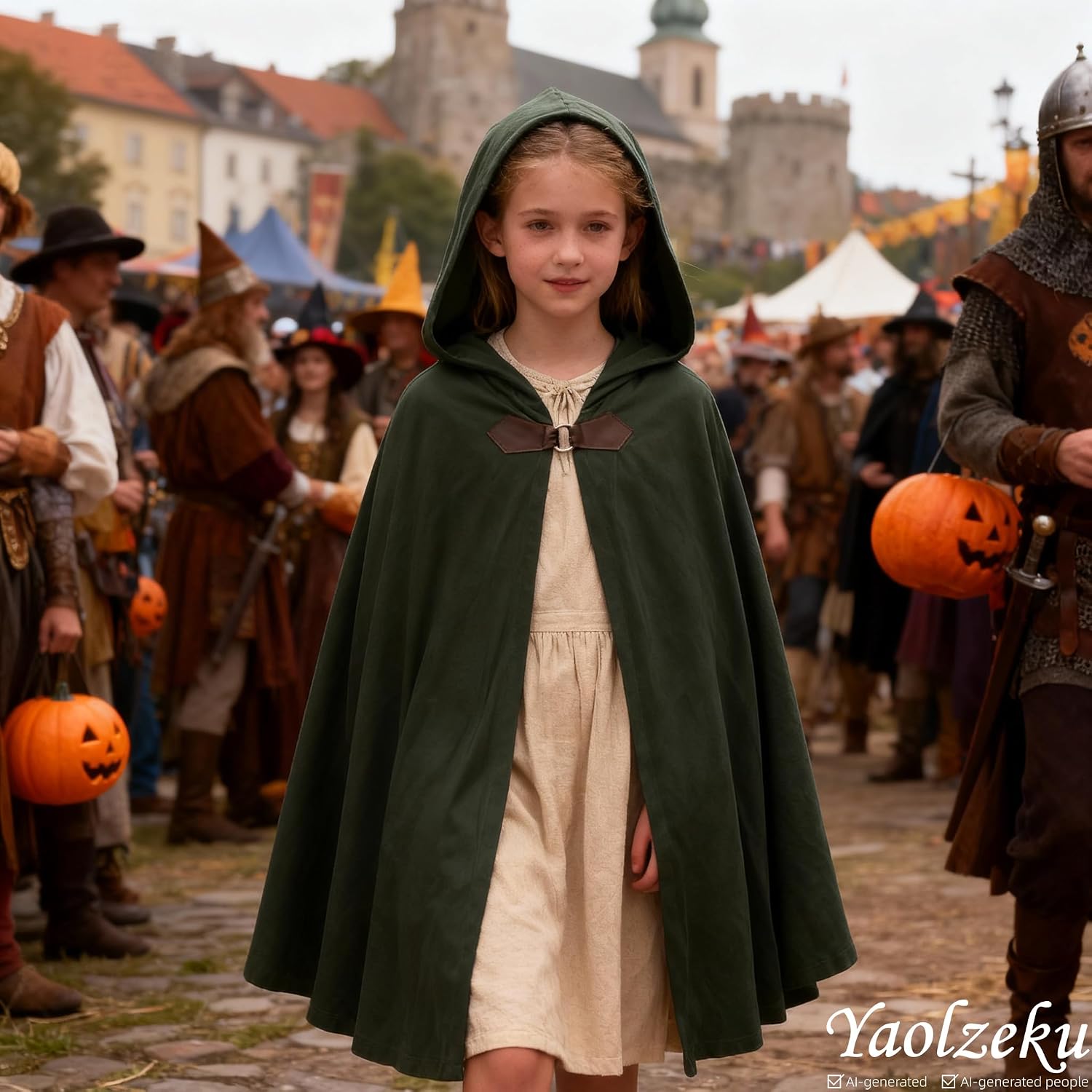 Kids Green Velvet Hooded Medieval Renaissance Cloak Cape for Boys and Girls | Soft Mid-Length Velvet. Metal Clasp Closure. Daily, Outdoor, Camping, LARP, Festivals, Photoshoots, Stage & Cosplay