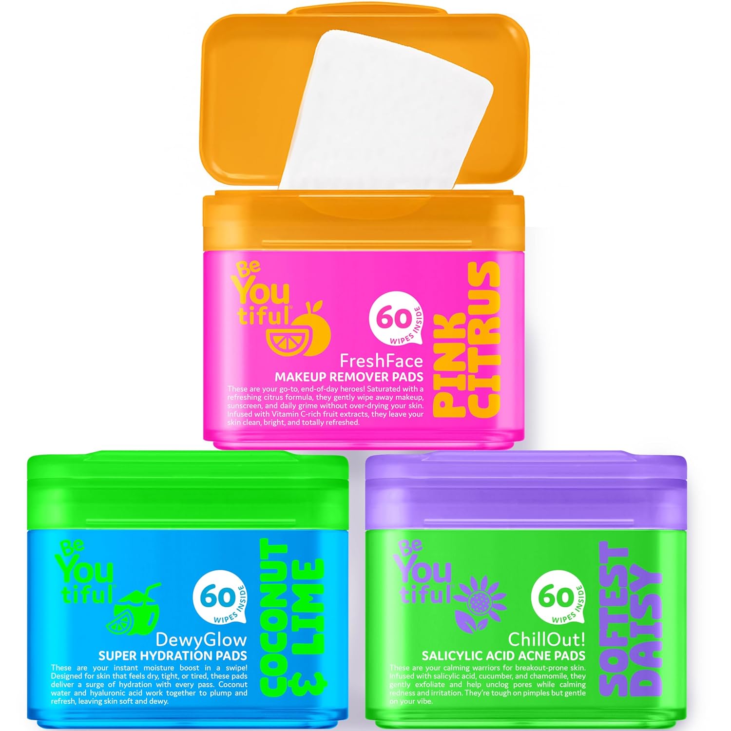 BeYoutiful Teen Skincare Trio, Skin Face Pads, Acne Cleansing Wipes For Teen, Kids & Tween, Fresh, Hydrated & Clear