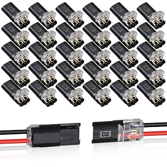 30PCS Double Wire Plug in Connector,Pluggable Low Voltage Wire Connector with Locking Buckle,2 Pin Quick Disconnect Connectors for Led Light Strip,DIY and Repair,No Wire Stripping Cutting 18-22AWG